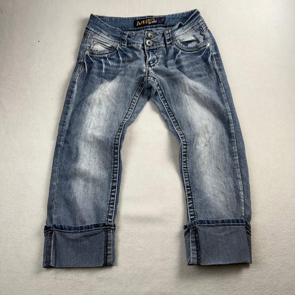 Angels Jeans Womens Size 7 Medium Wash Embroidered Rhinestone Y2K Capri Jeans